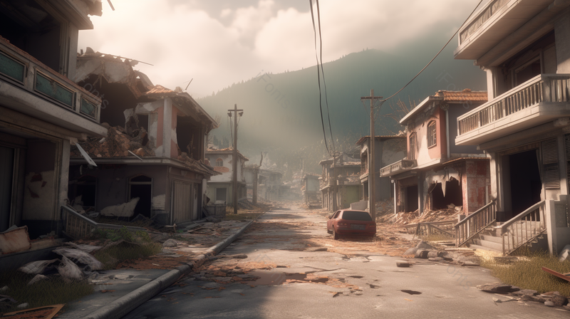 在街道上凝视着被地震摧毁的房子背景图,高清,摄影图,摄影图片,图片大全,摄影图免费下载